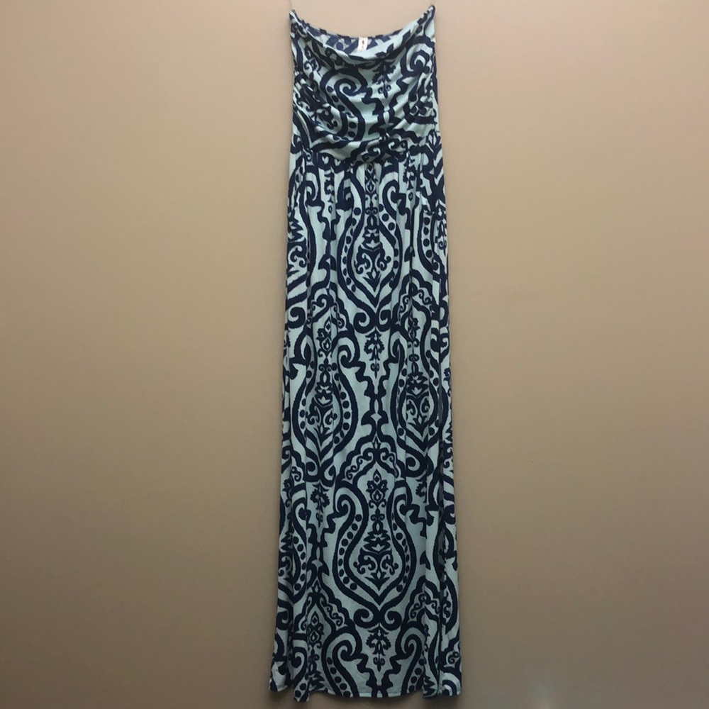 Vanilla Bay Strapless Maxi Dress with Pockets Blue Tribal Pattern